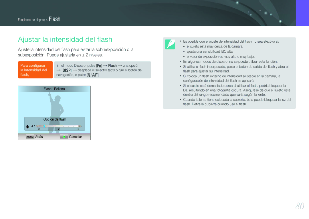 Samsung EV-NX20ZZBSBES, EV-NX20ZZBSBIL manual Ajustar la intensidad del ﬂash 
