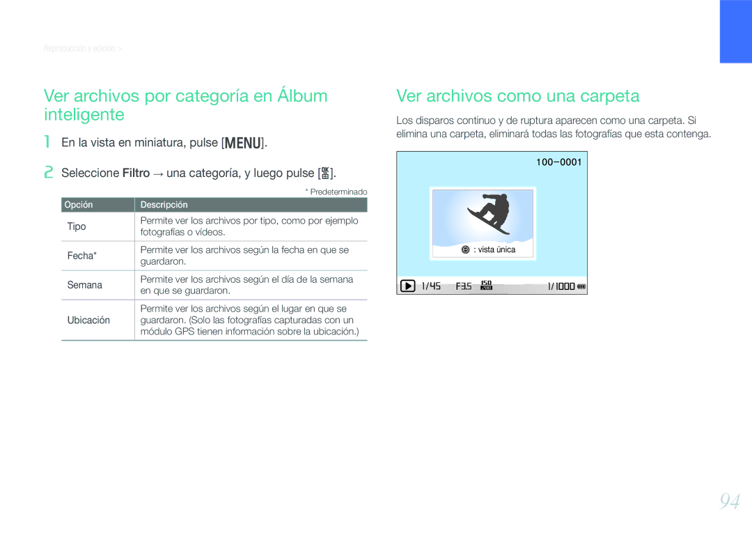 Samsung EV-NX20ZZBSBES manual Ver archivos por categoría en Álbum inteligente, Ver archivos como una carpeta, Tipo 