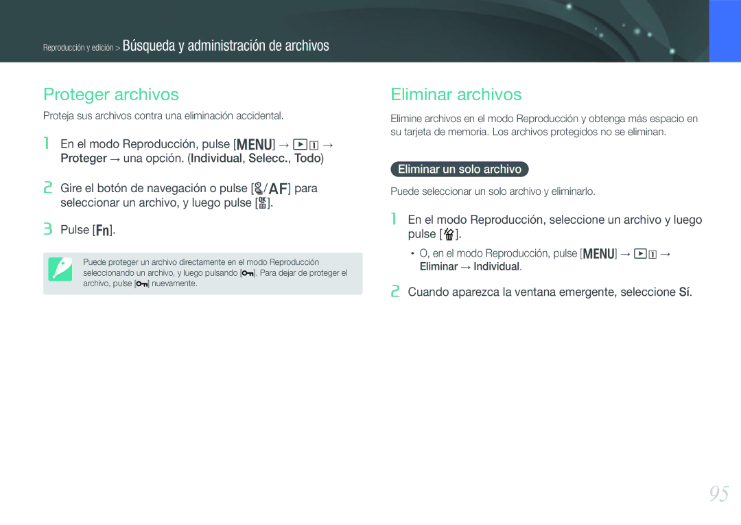 Samsung EV-NX20ZZBSBIL, EV-NX20ZZBSBES manual Proteger archivos, Eliminar archivos, Eliminar un solo archivo 