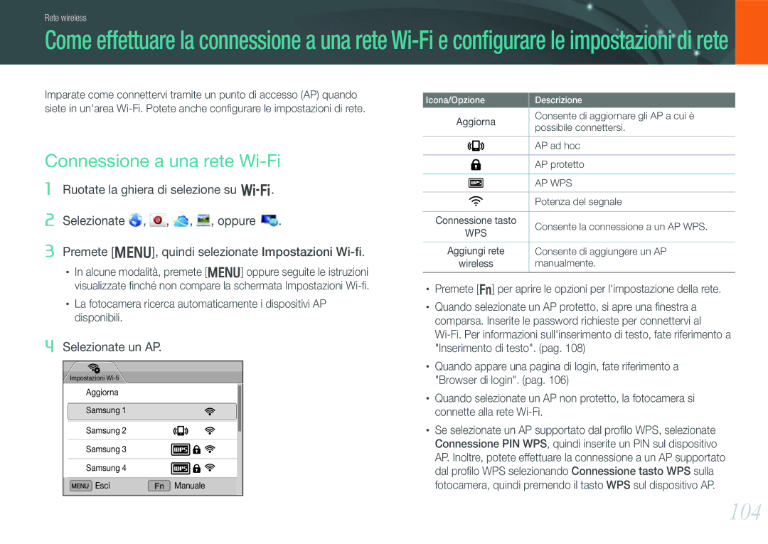 Samsung EV-NX20ZZBSBIT manual 104, Connessione a una rete Wi-Fi 