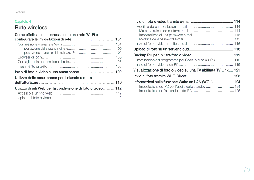 Samsung EV-NX20ZZBSBIT manual 104, 106, 107, 108, Utilizzo di siti Web per la condivisione di foto o video, 112 