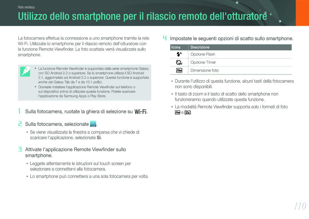 Samsung EV-NX20ZZBSBIT manual 110, Attivate lapplicazione Remote Viewfinder sullo smartphone 