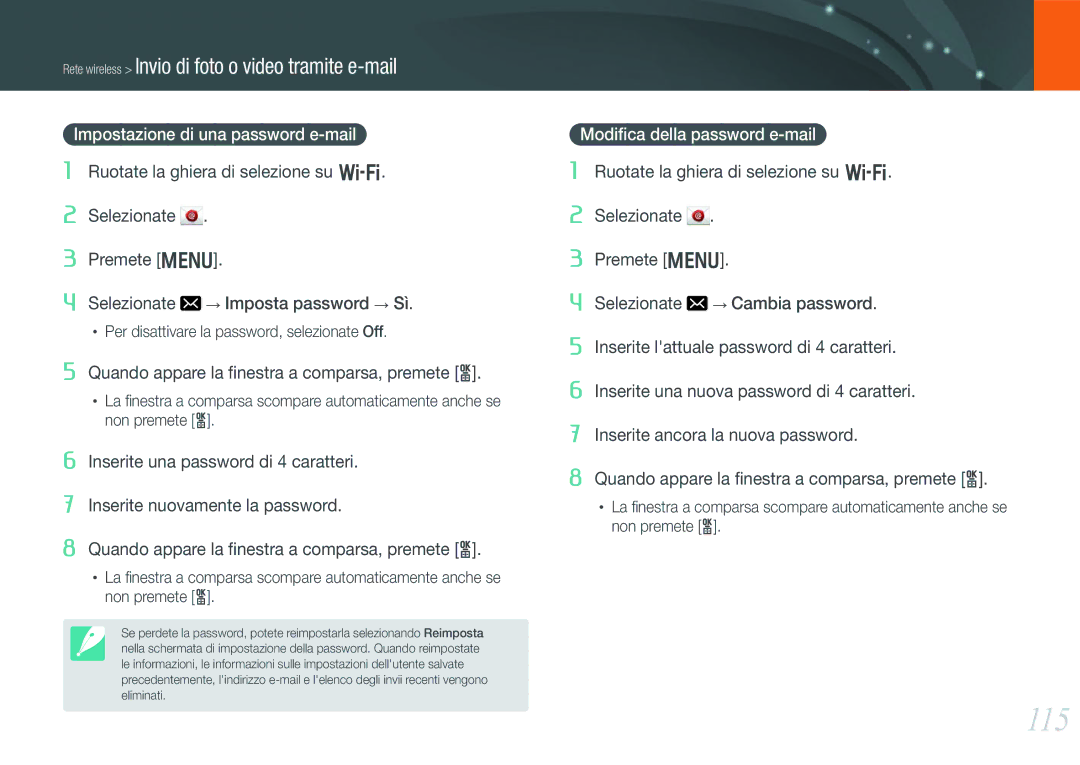 Samsung EV-NX20ZZBSBIT manual 115, Impostazione di una password e-mail, Modiﬁca della password e-mail 