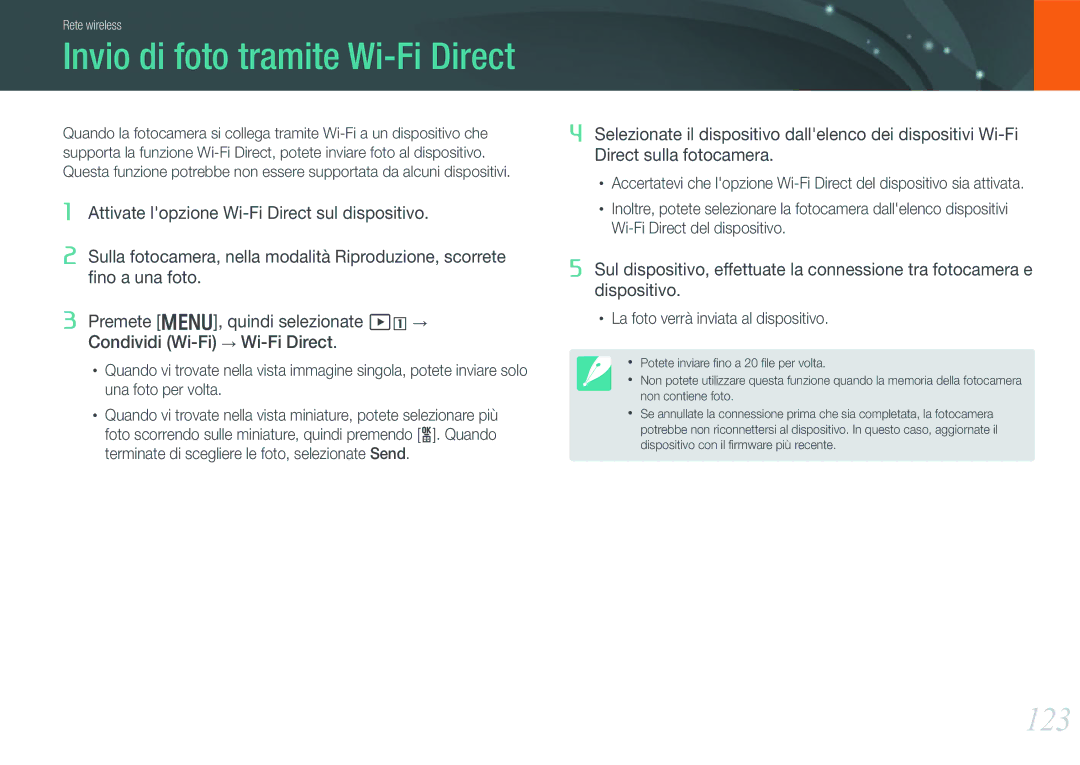 Samsung EV-NX20ZZBSBIT manual Invio di foto tramite Wi-Fi Direct, 123 