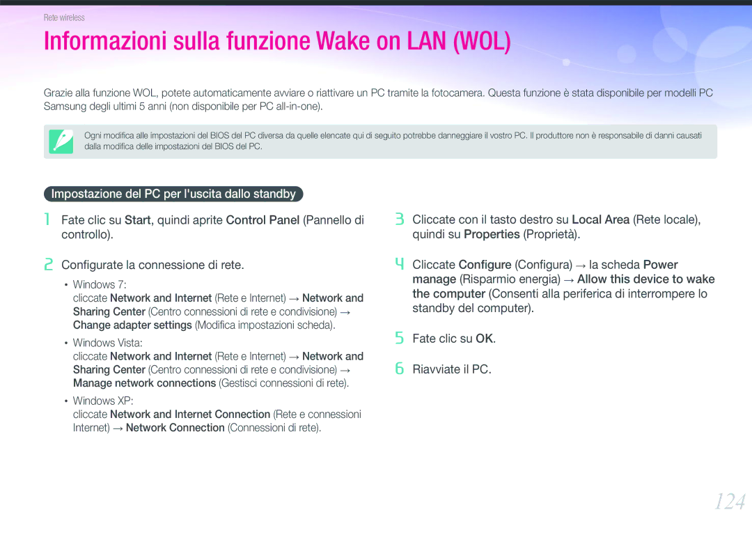 Samsung EV-NX20ZZBSBIT manual 124, Impostazione del PC per luscita dallo standby 