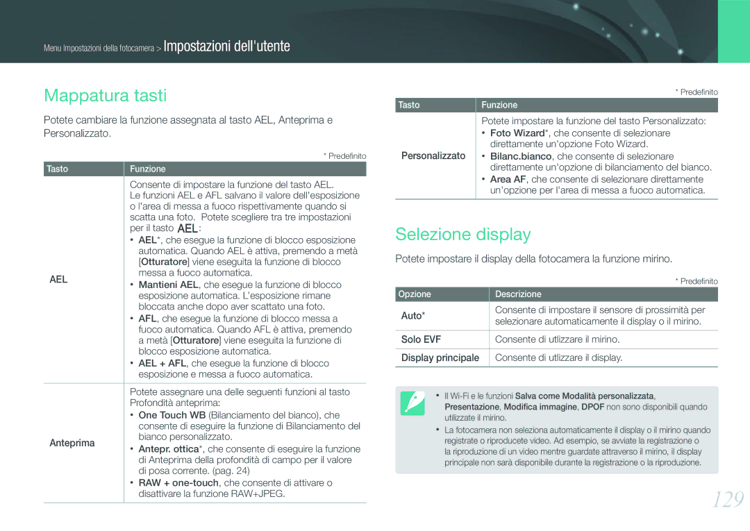 Samsung EV-NX20ZZBSBIT manual 129, Mappatura tasti, Selezione display 