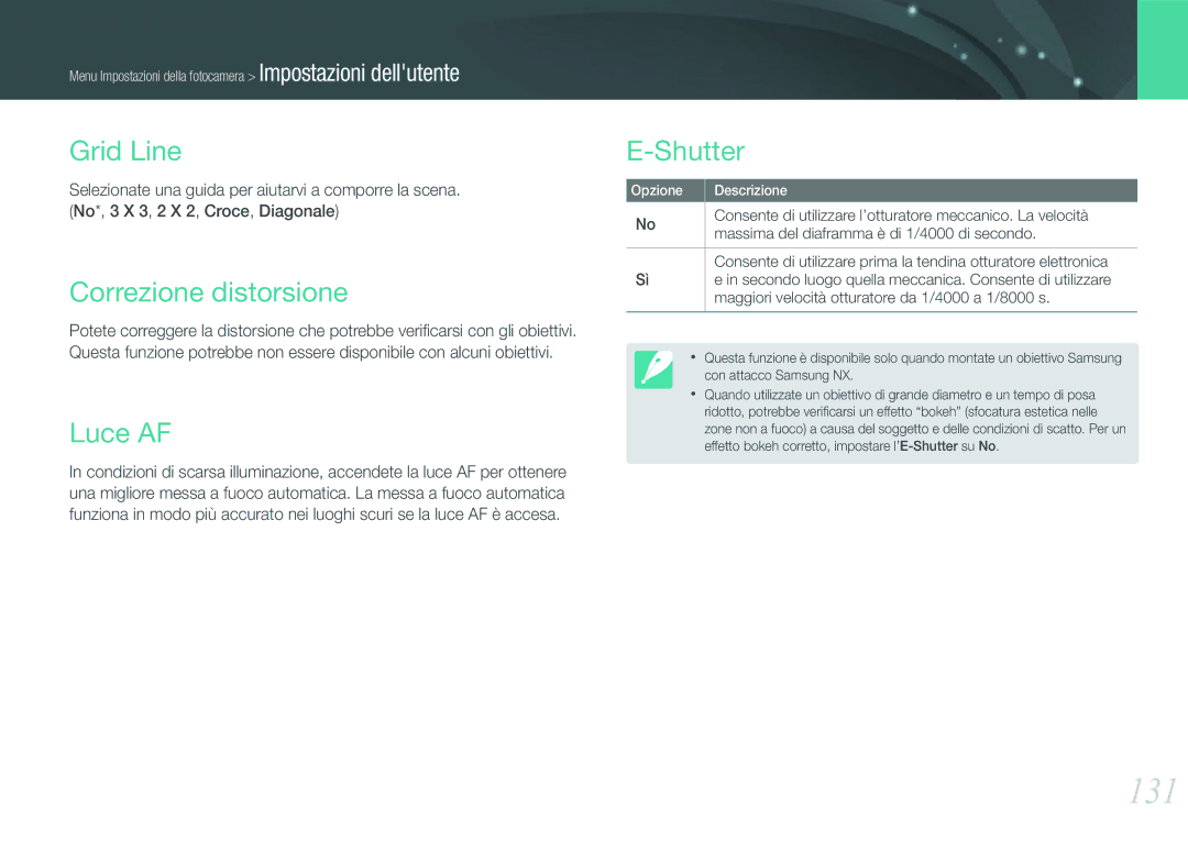Samsung EV-NX20ZZBSBIT manual 131, Grid Line, Correzione distorsione, Luce AF, Shutter 