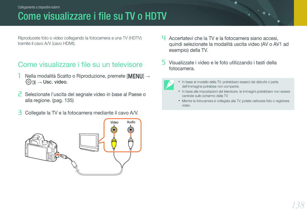 Samsung EV-NX20ZZBSBIT manual Come visualizzare i ﬁle su TV o Hdtv, 138, Come visualizzare i ﬁle su un televisore 