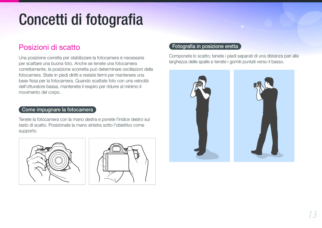 Samsung EV-NX20ZZBSBIT manual Come impugnare la fotocamera, Fotograﬁa in posizione eretta 