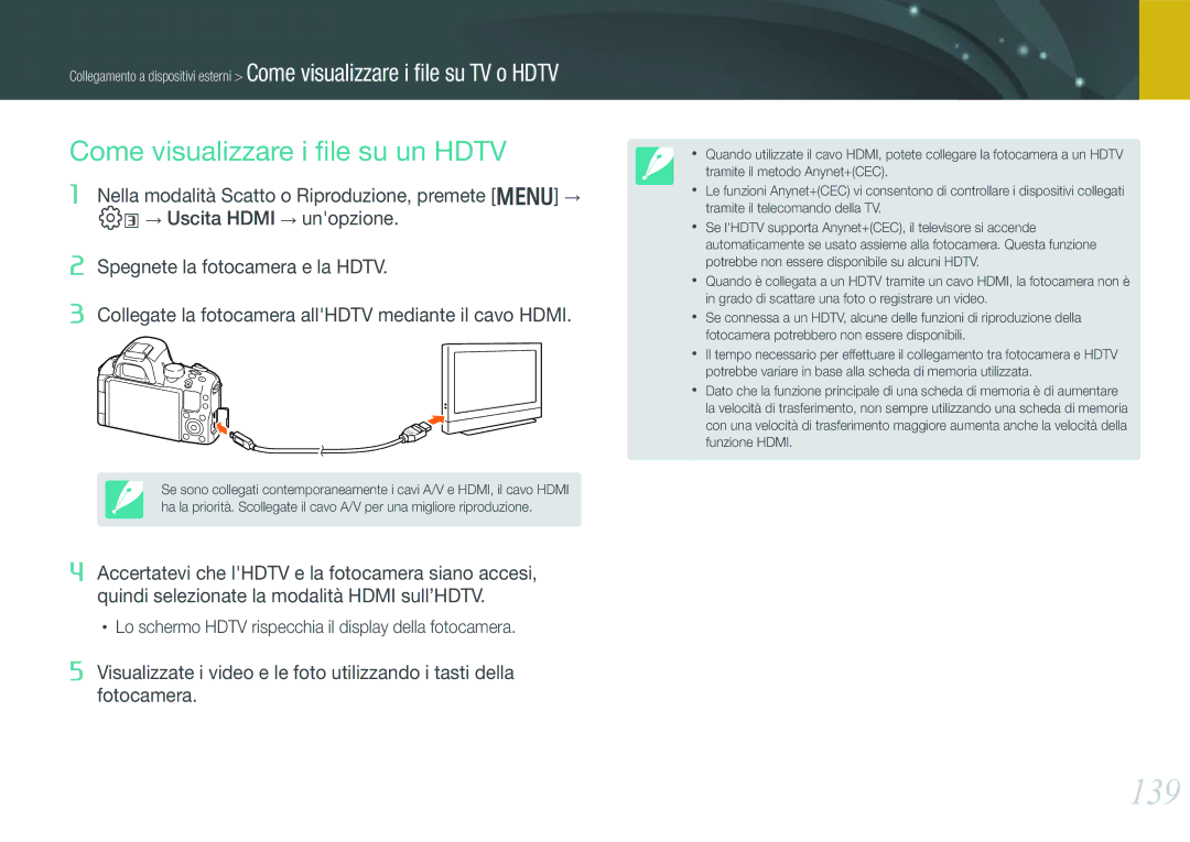 Samsung EV-NX20ZZBSBIT manual 139, Come visualizzare i ﬁle su un Hdtv 