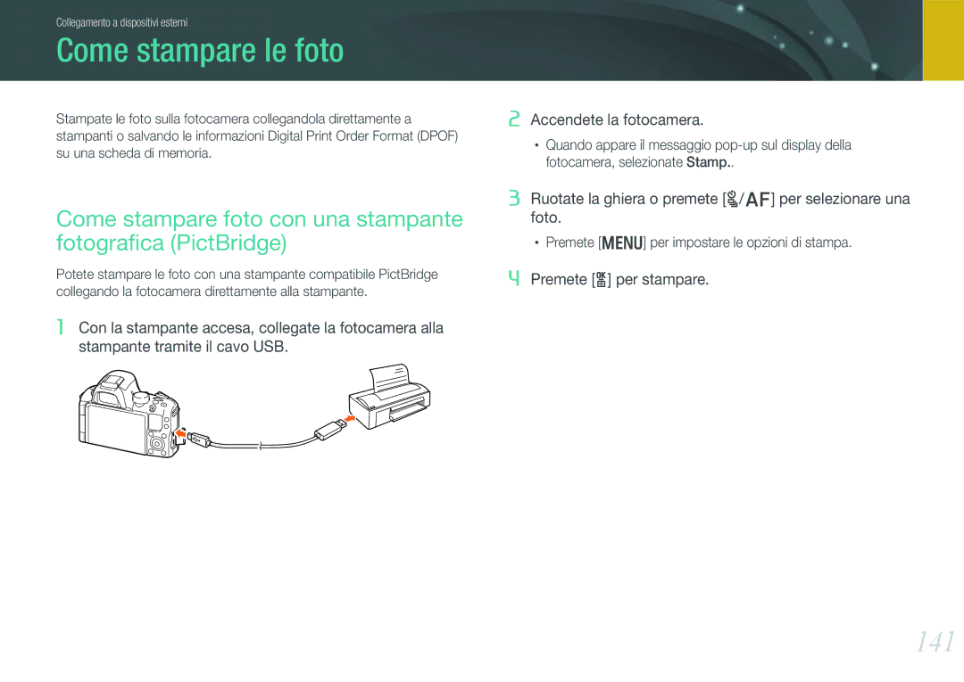 Samsung EV-NX20ZZBSBIT manual Come stampare le foto, 141, Come stampare foto con una stampante fotograﬁca PictBridge 