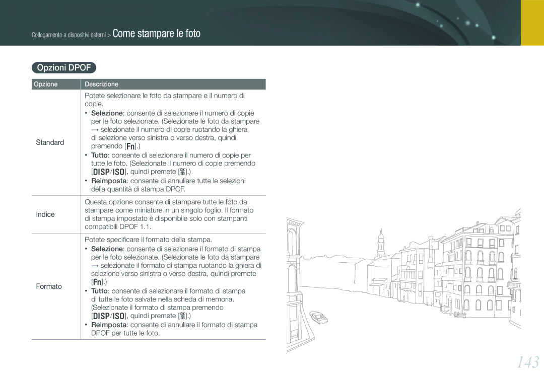 Samsung EV-NX20ZZBSBIT manual 143, Opzioni Dpof, → selezionate il numero di copie ruotando la ghiera 