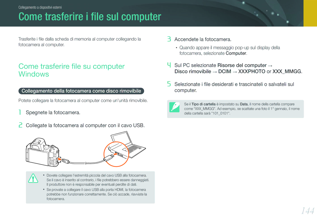 Samsung EV-NX20ZZBSBIT manual Come trasferire i ﬁle sul computer, 144, Come trasferire ﬁle su computer Windows 