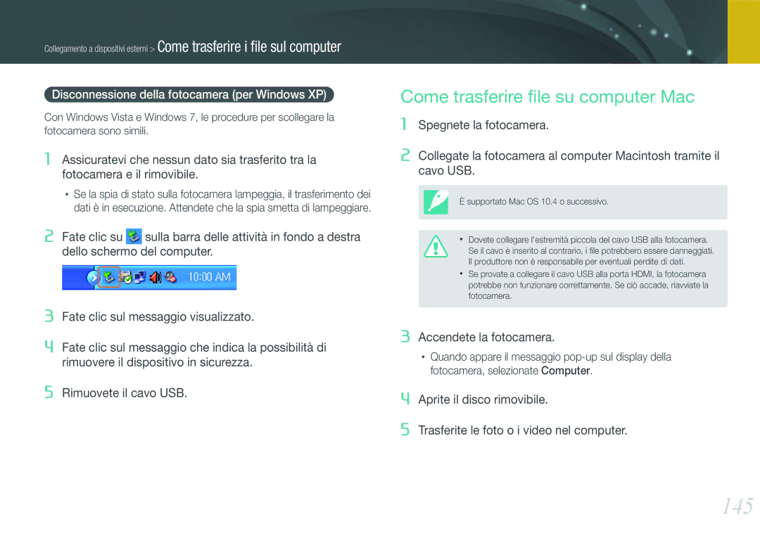 Samsung EV-NX20ZZBSBIT manual 145, Come trasferire ﬁle su computer Mac, Disconnessione della fotocamera per Windows XP 