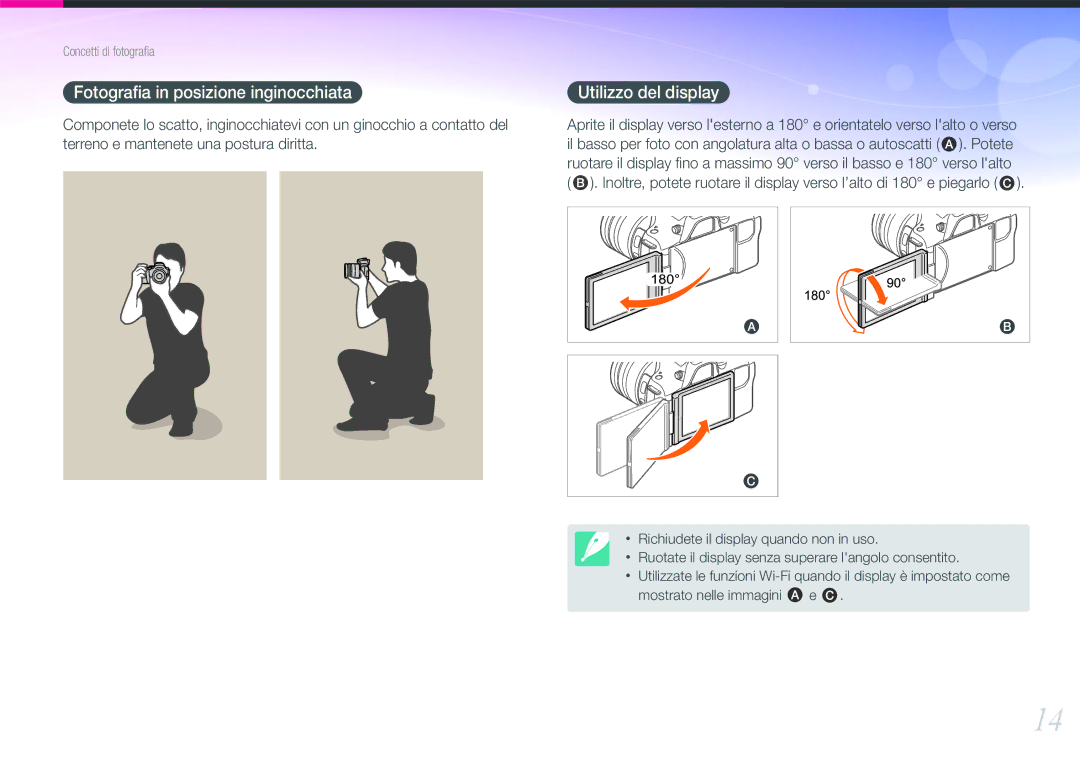 Samsung EV-NX20ZZBSBIT manual Fotograﬁa in posizione inginocchiata, Utilizzo del display 