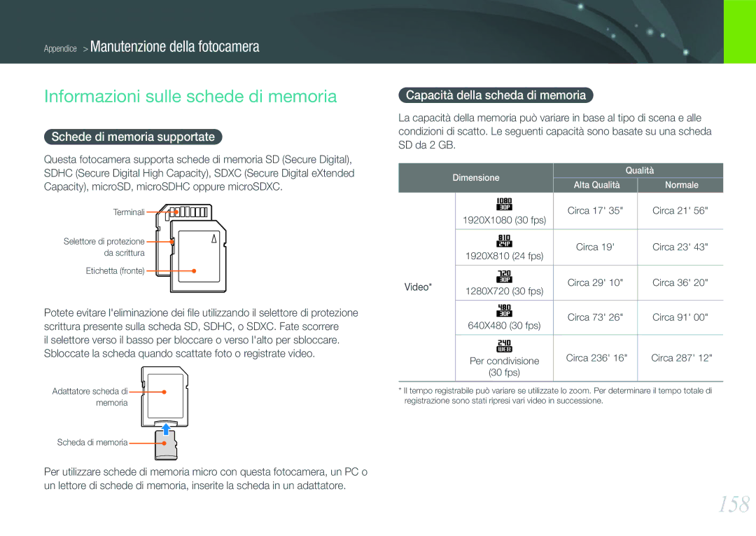 Samsung EV-NX20ZZBSBIT manual 158, Informazioni sulle schede di memoria, Schede di memoria supportate 