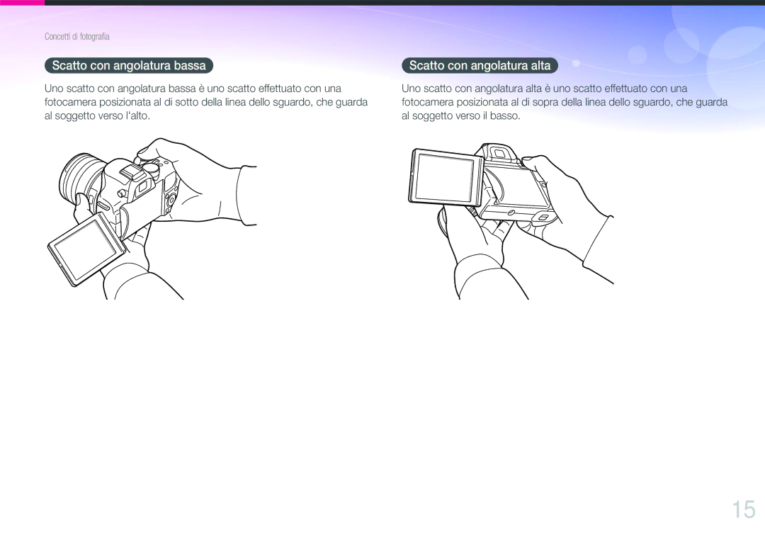 Samsung EV-NX20ZZBSBIT manual Scatto con angolatura bassa, Scatto con angolatura alta 