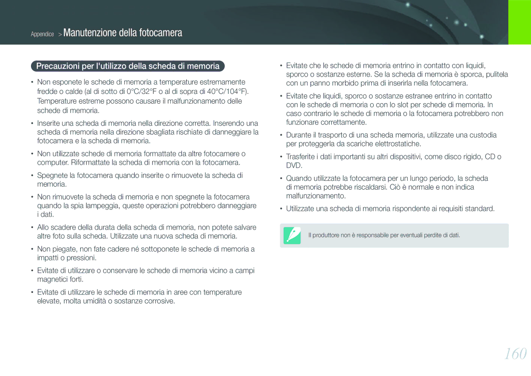 Samsung EV-NX20ZZBSBIT manual 160, Precauzioni per lutilizzo della scheda di memoria 