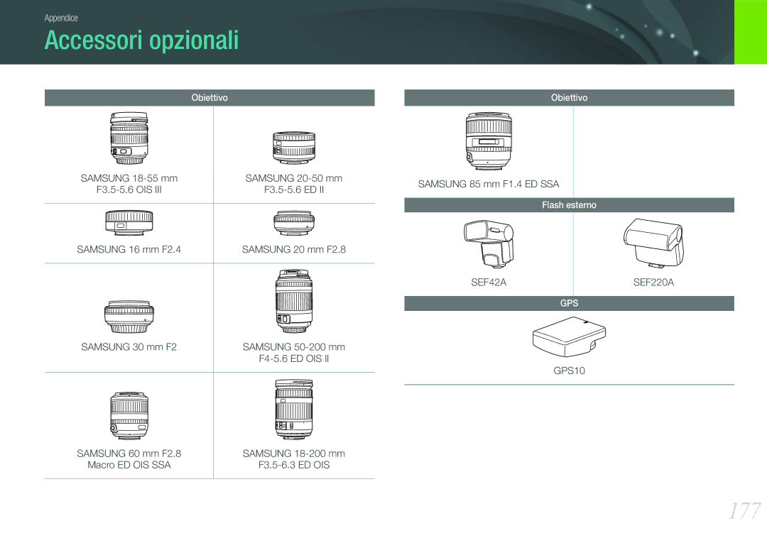 Samsung EV-NX20ZZBSBIT manual Accessori opzionali, 177, Samsung 16 mm F2.4, Samsung 30 mm F2, Samsung 85 mm F1.4 ED SSA 