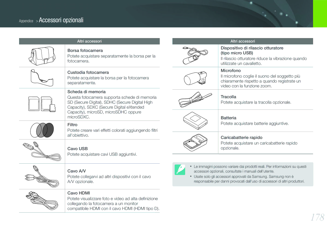 Samsung EV-NX20ZZBSBIT manual 178, Appendice Accessori opzionali 