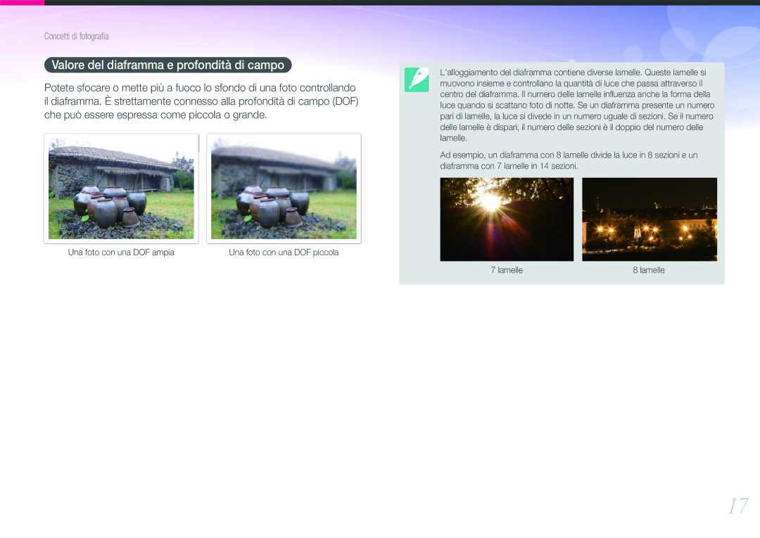 Samsung EV-NX20ZZBSBIT manual Valore del diaframma e profondità di campo 