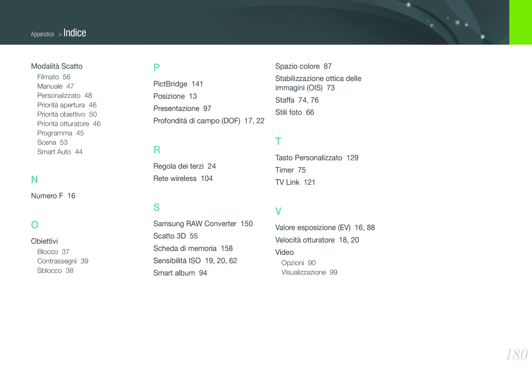 Samsung EV-NX20ZZBSBIT manual 180, Modalità Scatto, Numero F Obiettivi 