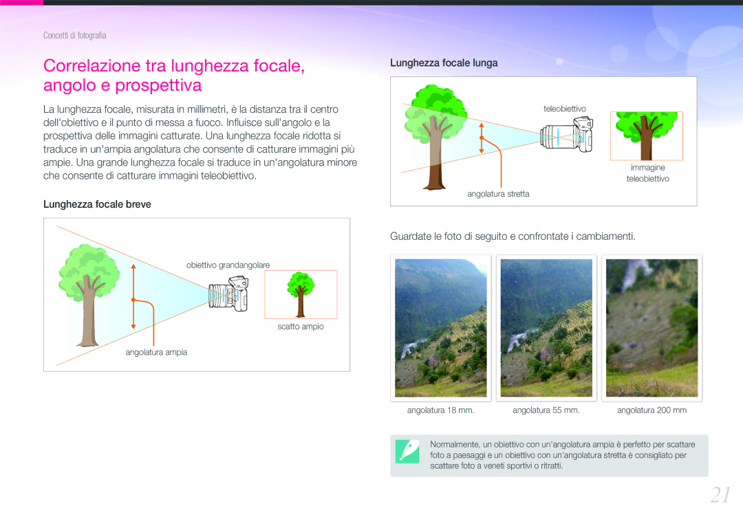 Samsung EV-NX20ZZBSBIT manual Correlazione tra lunghezza focale, angolo e prospettiva 