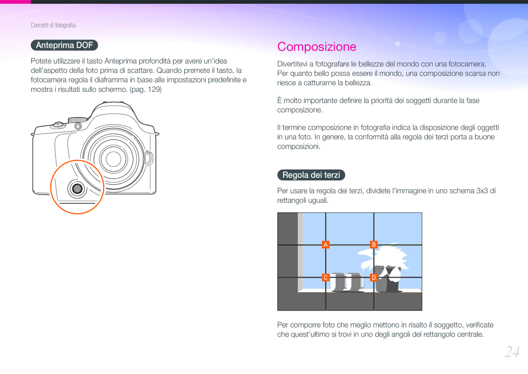 Samsung EV-NX20ZZBSBIT manual Anteprima DOF, Regola dei terzi 