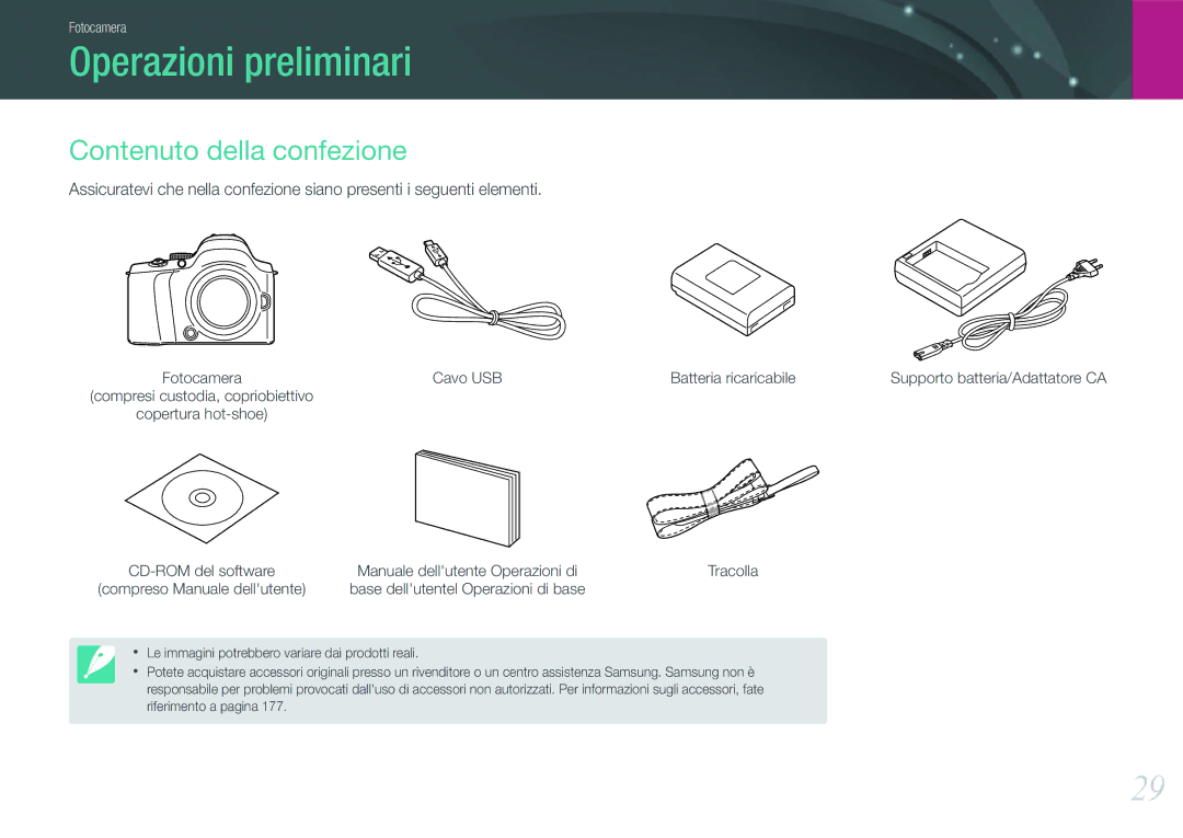 Samsung EV-NX20ZZBSBIT manual Operazioni preliminari, Contenuto della confezione, Cavo USB Batteria ricaricabile 