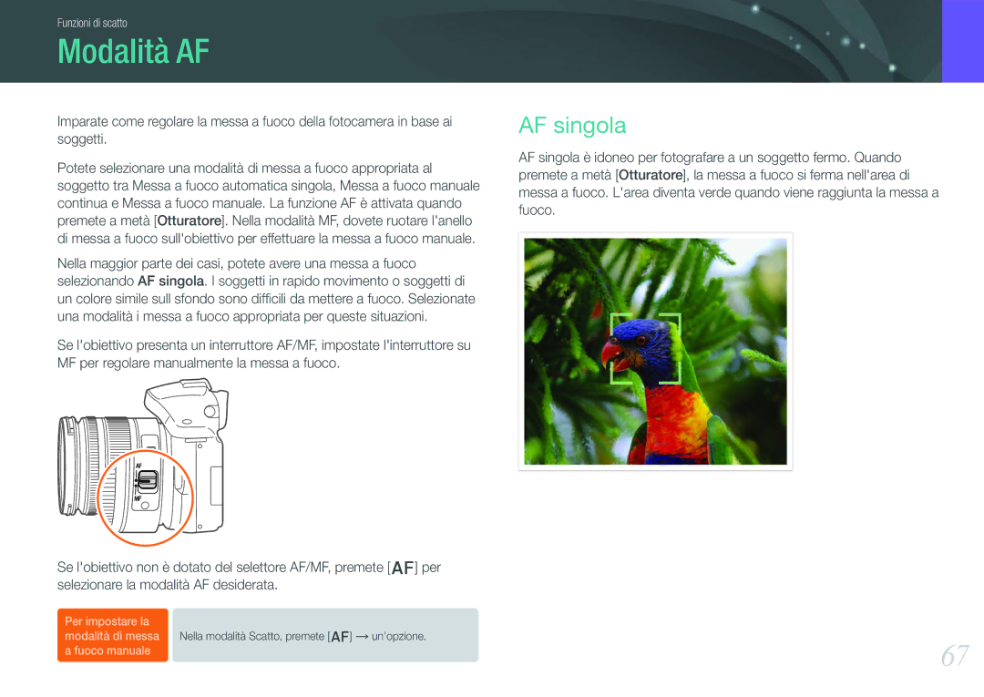 Samsung EV-NX20ZZBSBIT manual Modalità AF, AF singola 