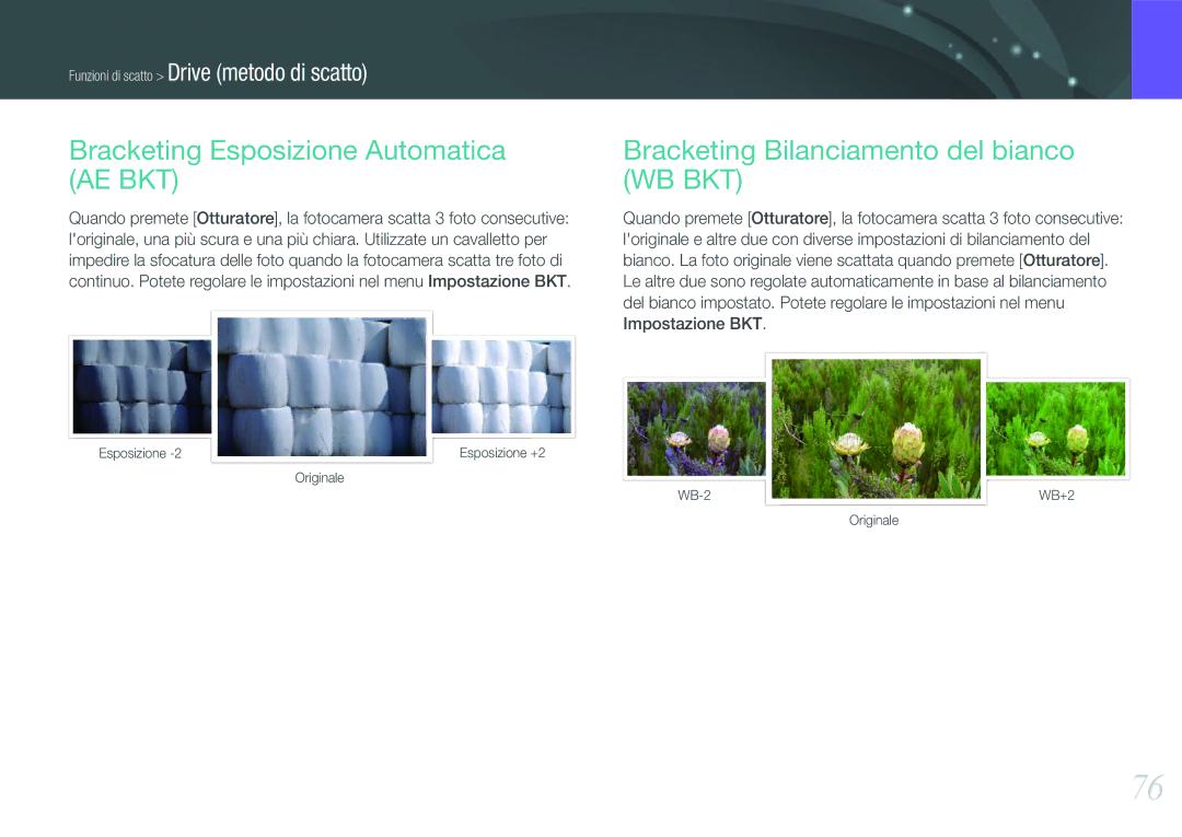 Samsung EV-NX20ZZBSBIT manual Bracketing Esposizione Automatica AE BKT, Bracketing Bilanciamento del bianco WB BKT 