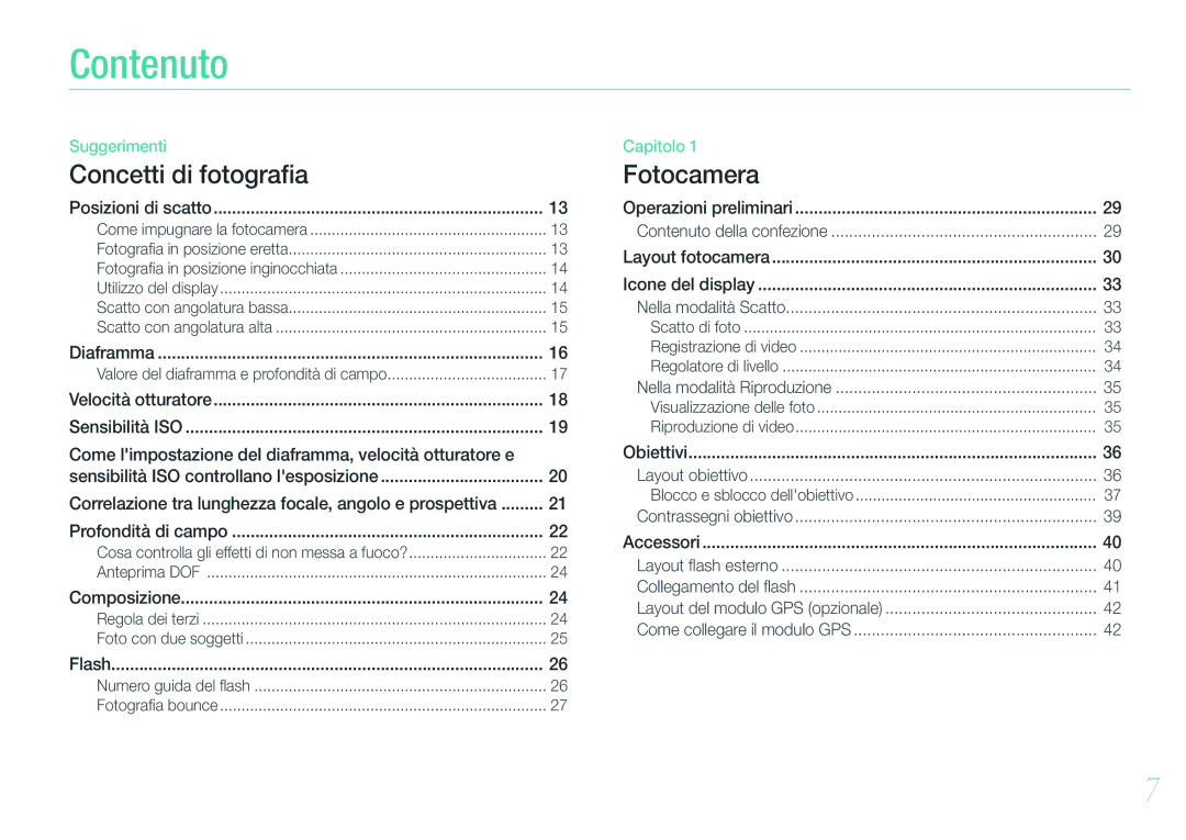 Samsung EV-NX20ZZBSBIT manual Contenuto, Profondità di campo 