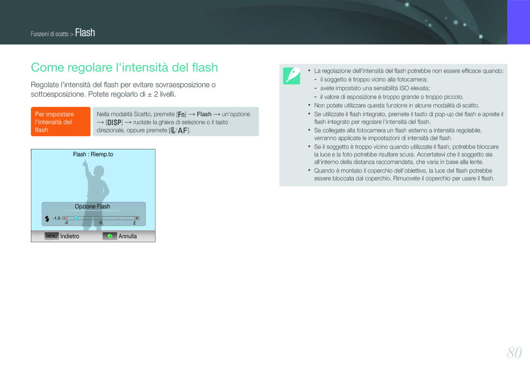 Samsung EV-NX20ZZBSBIT manual Come regolare lintensità del ﬂash 