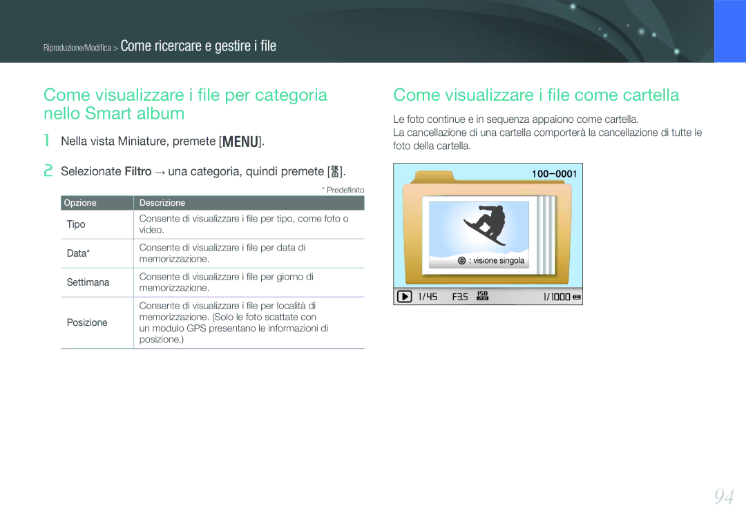 Samsung EV-NX20ZZBSBIT Come visualizzare i ﬁle per categoria nello Smart album, Come visualizzare i ﬁle come cartella 