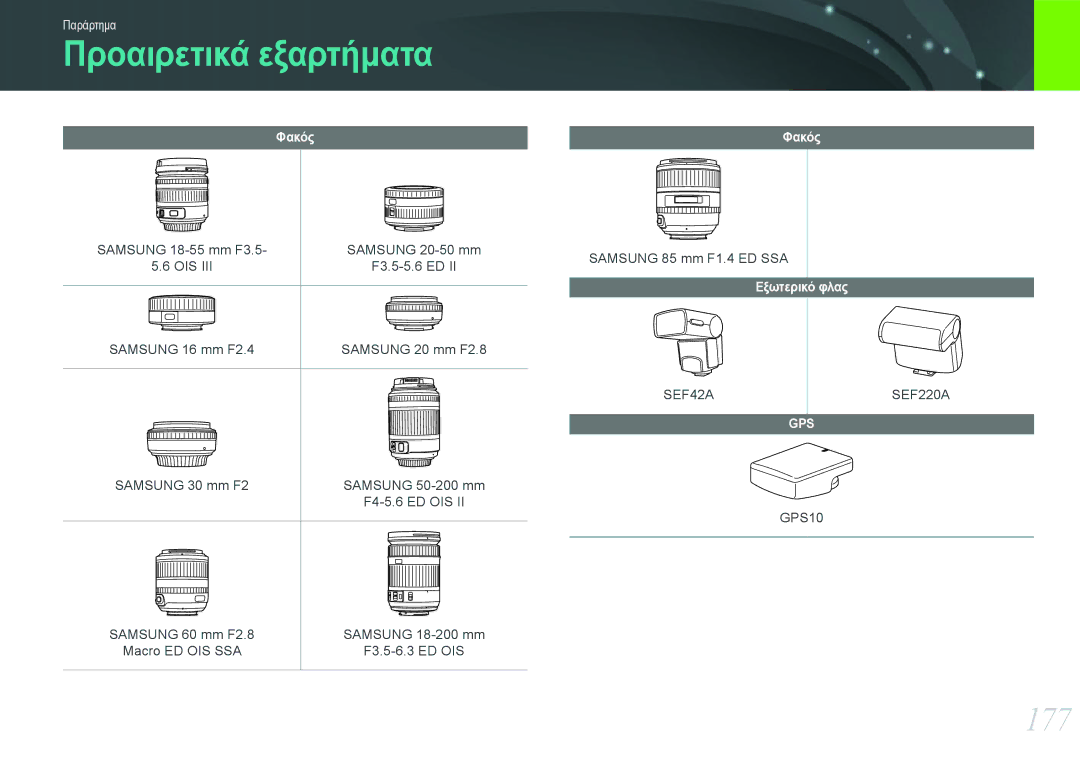 Samsung EV-NX20ZZBSBPL, EV-NX20ZZBSBGR manual Προαιρετικά εξαρτήματα, 177, Φακός, Εξωτερικό φλας 