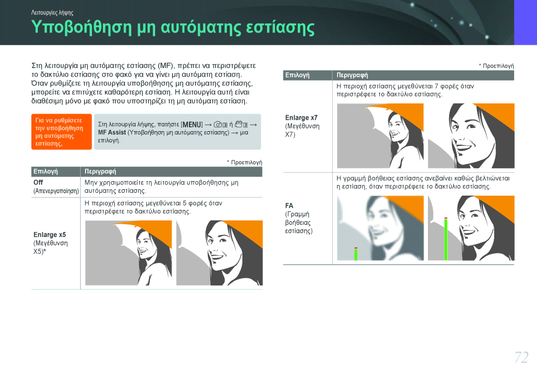 Samsung EV-NX20ZZBSBGR, EV-NX20ZZBSBPL manual Υποβοήθηση μη αυτόματης εστίασης, Off, Enlarge, Μεγέθυνση 