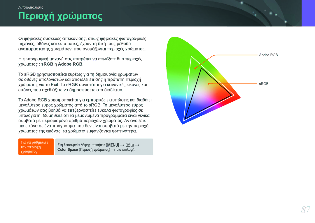 Samsung EV-NX20ZZBSBPL, EV-NX20ZZBSBGR manual Περιοχή χρώματος 