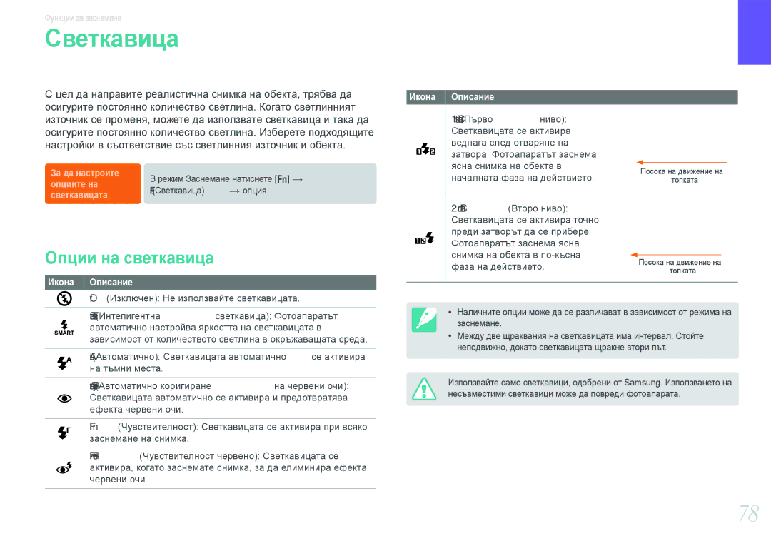 Samsung EV-NX20ZZBSBRO manual Светкавица, Опции на светкавица 