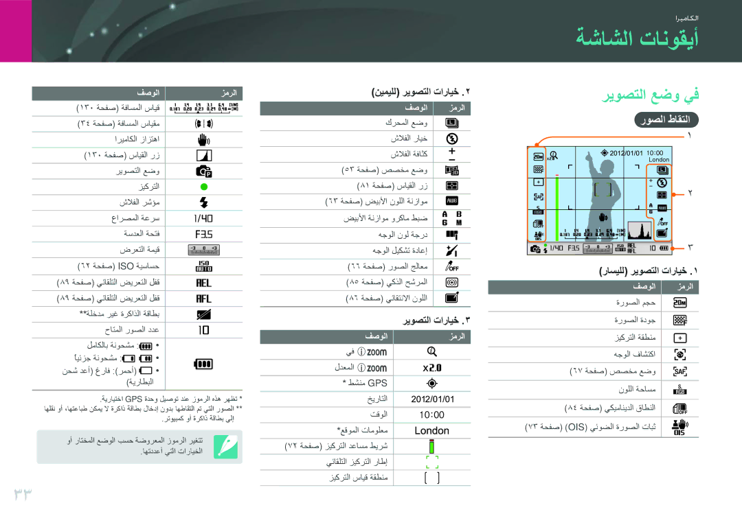 Samsung EV-NX20ZZBSBSA, EV-NX20ZZDSBME manual ةشاشلا تانوقيأ, ريوصتلا عضو يف, روصلا طاقتلا, فصولا زمرلا 