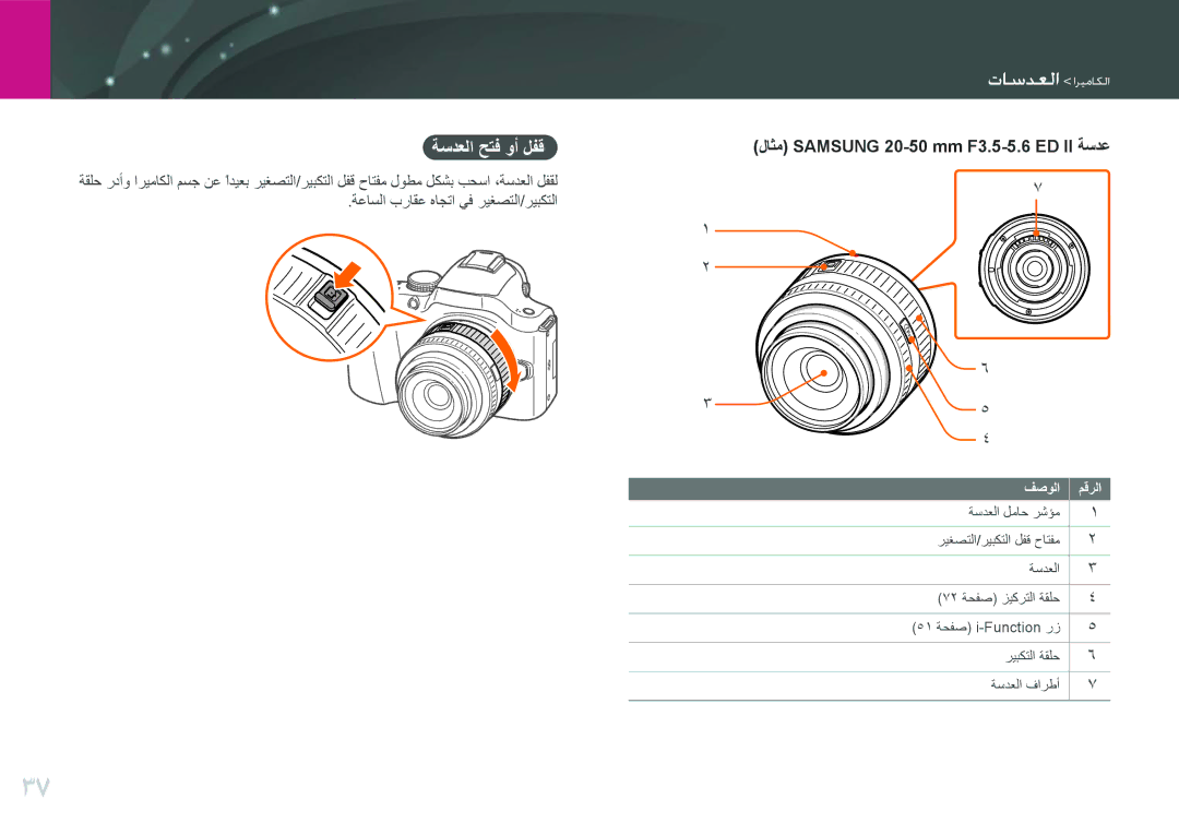 Samsung EV-NX20ZZBSBSA, EV-NX20ZZDSBME manual واعداما اريعايما, ةسدعلا حتف وأ لفق 