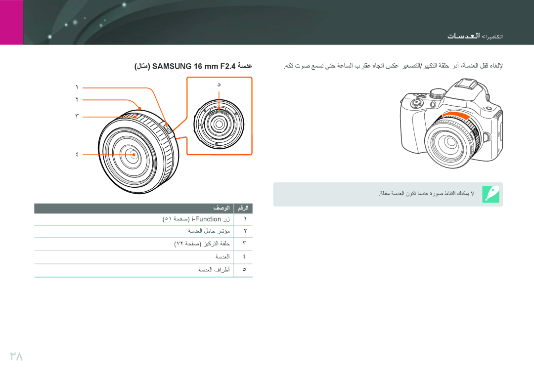 Samsung EV-NX20ZZDSBME, EV-NX20ZZBSBSA manual لاثم Samsung 16 mm F2.4 ةسدع 