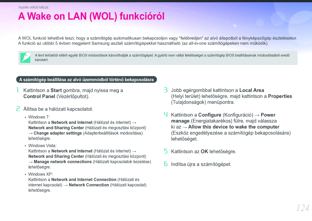 Samsung EV-NX20ZZBSBDK, EV-NX20ZZBSBSE, EV-NX20ZZBZBSE, EV-NX20ZZBSBHU manual Wake on LAN WOL funkcióról, 124 