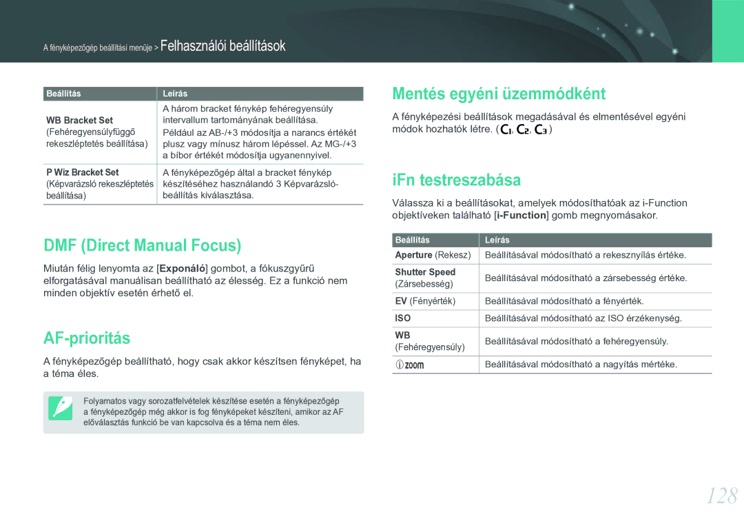 Samsung EV-NX20ZZBSBDK manual 128, DMF Direct Manual Focus, AF-prioritás, Mentés egyéni üzemmódként, IFn testreszabása 