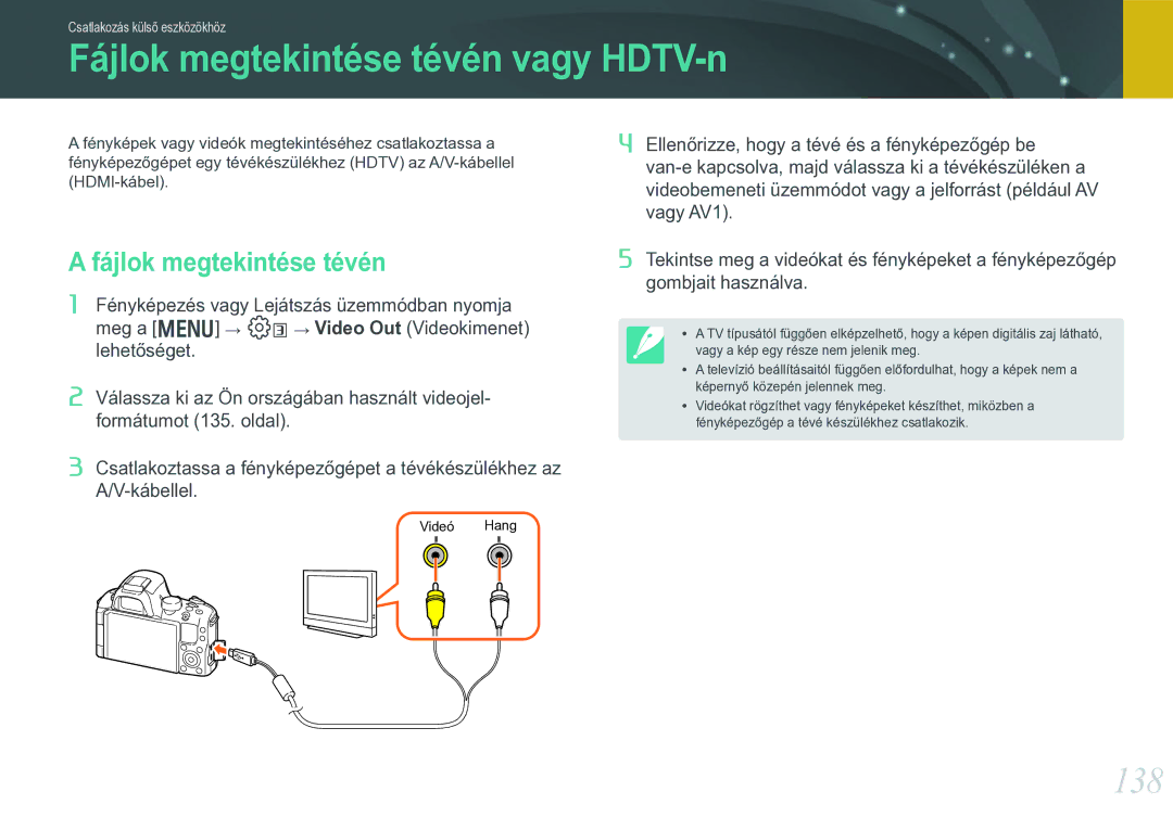 Samsung EV-NX20ZZBSBHU, EV-NX20ZZBSBSE, EV-NX20ZZBSBDK, EV-NX20ZZBZBSE manual Fájlok megtekintése tévén vagy HDTV-n, 138 