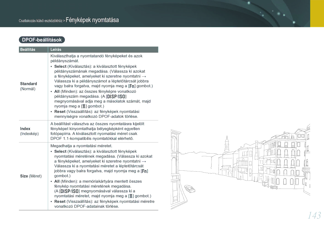 Samsung EV-NX20ZZBSBSE, EV-NX20ZZBSBDK, EV-NX20ZZBZBSE, EV-NX20ZZBSBHU manual 143, DPOF-beállítások, Standard, Index 