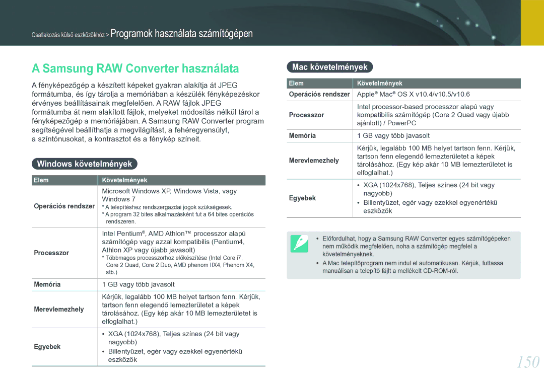 Samsung EV-NX20ZZBSBHU, EV-NX20ZZBSBSE 150, Samsung RAW Converter használata, Windows követelmények, Mac követelmények 