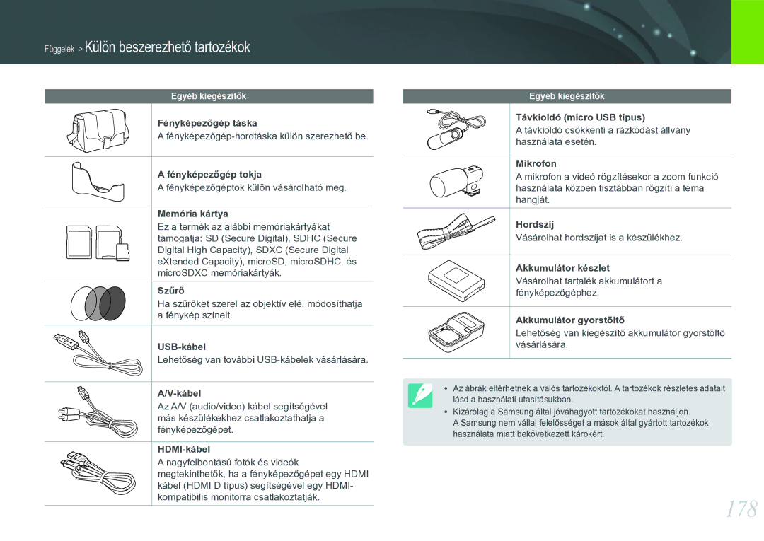 Samsung EV-NX20ZZBSBHU, EV-NX20ZZBSBSE, EV-NX20ZZBSBDK, EV-NX20ZZBZBSE manual 178, Egyéb kiegészítők 
