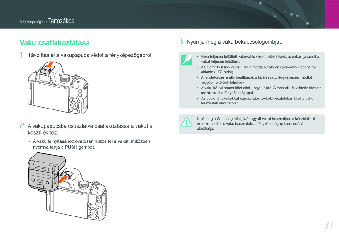 Samsung EV-NX20ZZBZBSE, EV-NX20ZZBSBSE, EV-NX20ZZBSBDK manual Vaku csatlakoztatása, Nyomja meg a vaku bekapcsológombját 