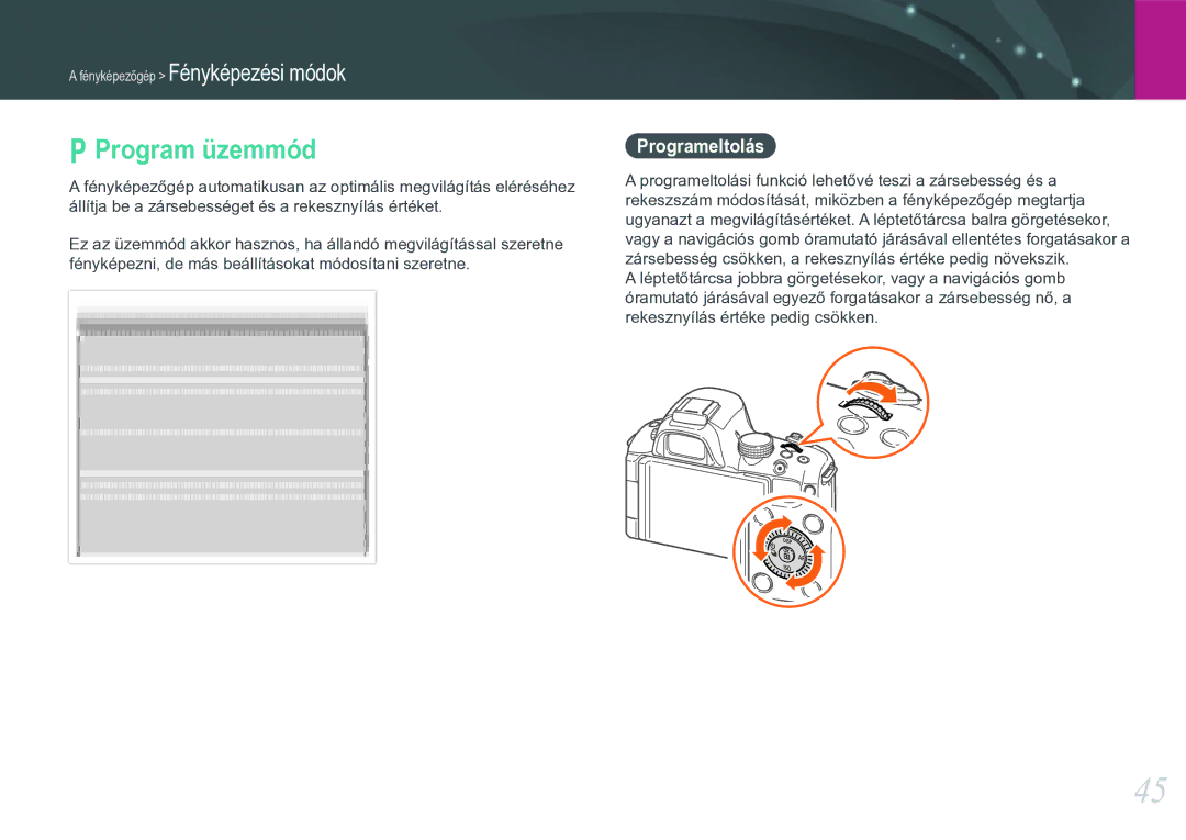 Samsung EV-NX20ZZBZBSE, EV-NX20ZZBSBSE, EV-NX20ZZBSBDK, EV-NX20ZZBSBHU manual Program üzemmód, Programeltolás 