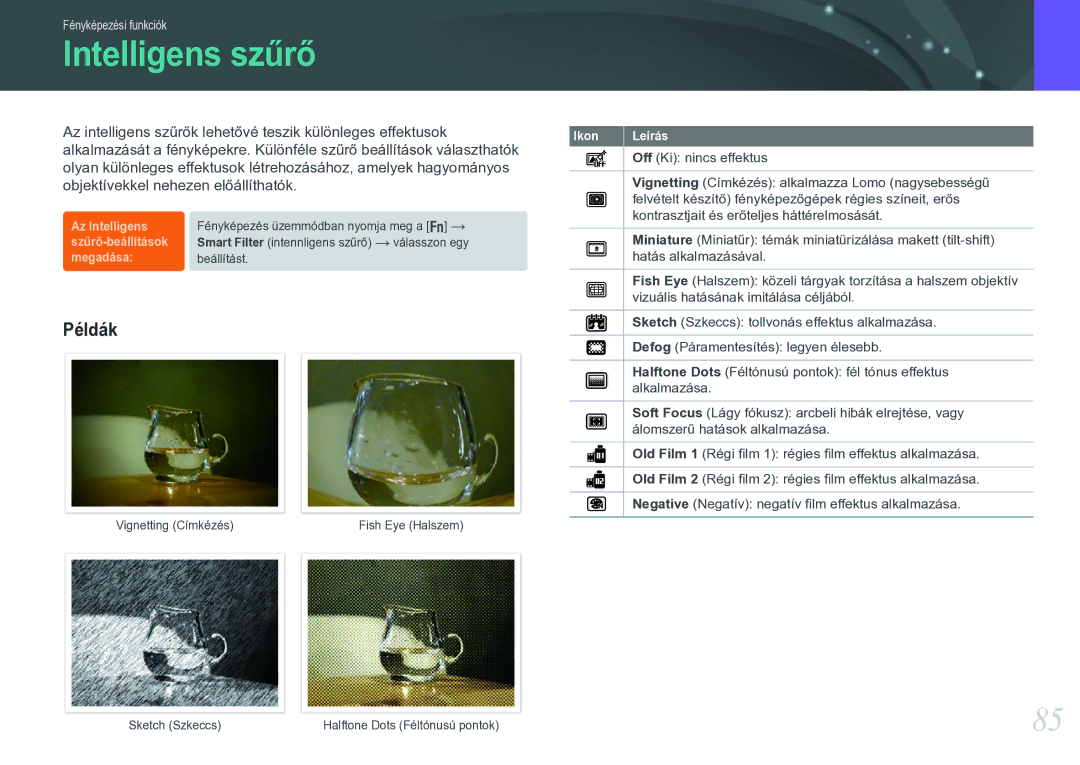 Samsung EV-NX20ZZBZBSE, EV-NX20ZZBSBSE, EV-NX20ZZBSBDK, EV-NX20ZZBSBHU manual Intelligens szűrő, Példák 